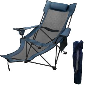 2 in 1 Folding Camping Reclining Chair Portable 330lbs Capacity, Blue (Color: Blue)