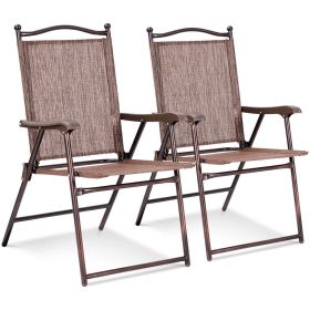 Set of 2 Patio Folding Sling Back Chairs Camping Deck Garden Beach Black (Color: Brown)