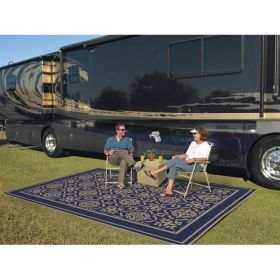 9x12 Reversible RV Outdoor Patio Mat, Camping Mat, Blue (Reversible with 2 designs) (Color: Navy)